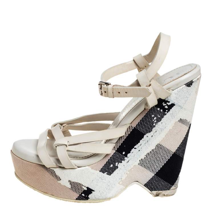 Pre Owned Burberry White Leather Ankle Strap Wedge Platform Sandals Size 36