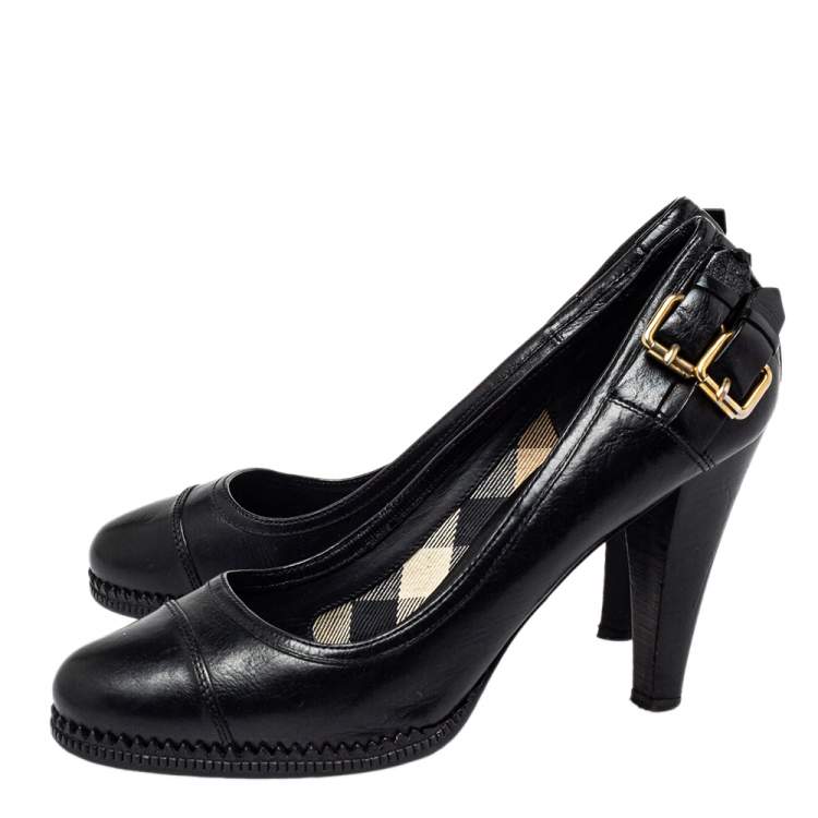 Pre Owned Burberry Black  Leather  Buckle Block Heel Pumps Size 38