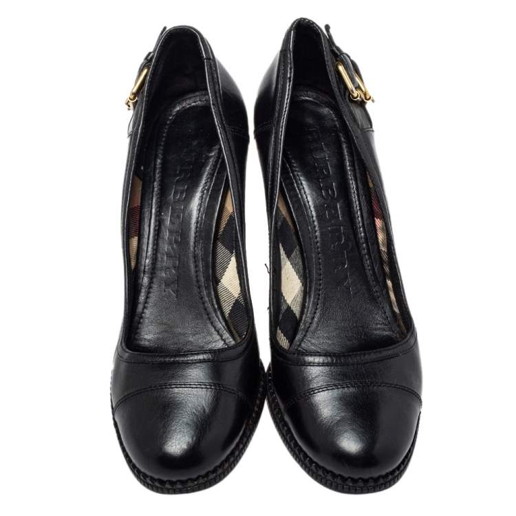 Pre Owned Burberry Black  Leather  Buckle Block Heel Pumps Size 38
