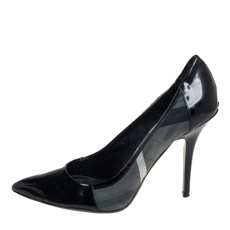 Pre Owned Burberry Black Nova Check Canvas And Patent Leather Pointed Toe Pumps Size 39