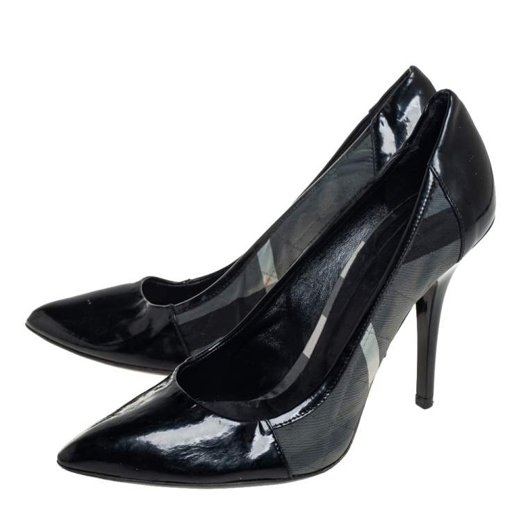 Pre Owned Burberry Black Nova Check Canvas And Patent Leather Pointed Toe Pumps Size 39