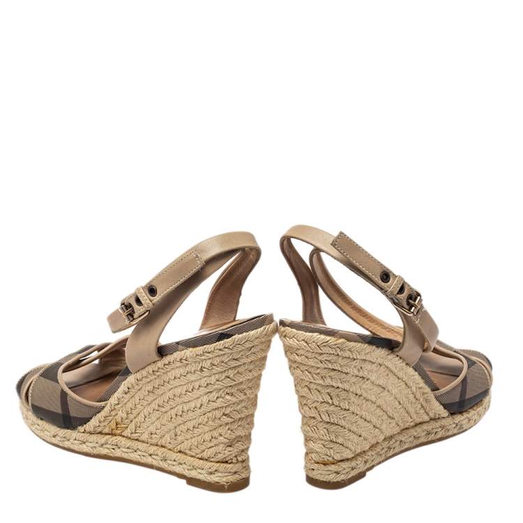 Pre Owned Burberry Beige/Black Coated Canvas And Leather Ankle Strap Espadrille Wedges Sandals Size 40