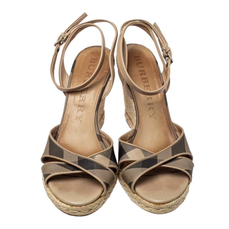 Pre Owned Burberry Beige/Black Coated Canvas And Leather Ankle Strap Espadrille Wedges Sandals Size 40