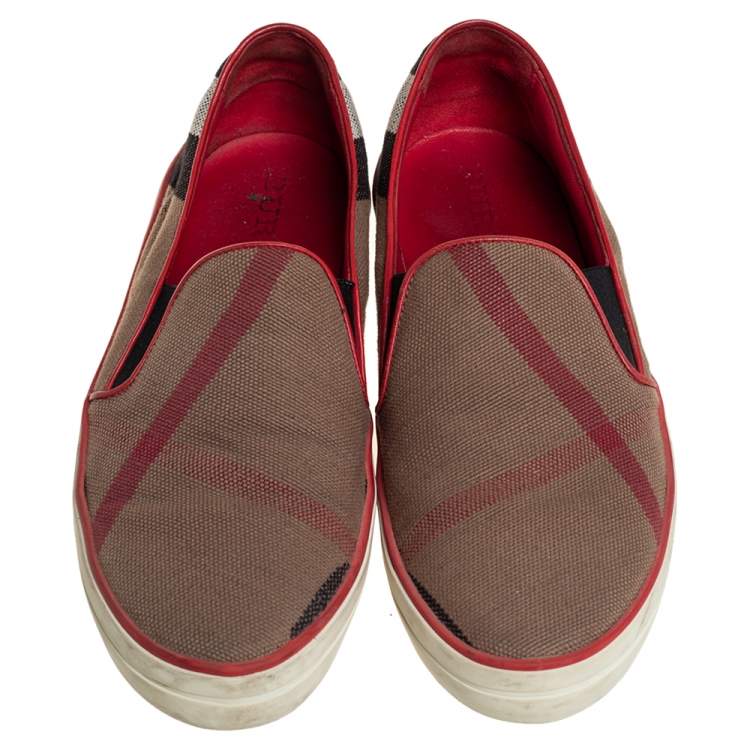 Pre Owned Burberry Beige House Check Canvas And Leather Slip On Sneakers Size 40
