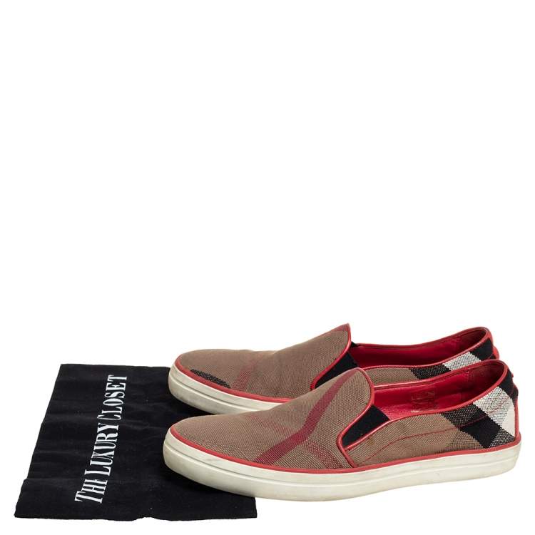 Pre Owned Burberry Beige House Check Canvas And Leather Slip On Sneakers Size 40