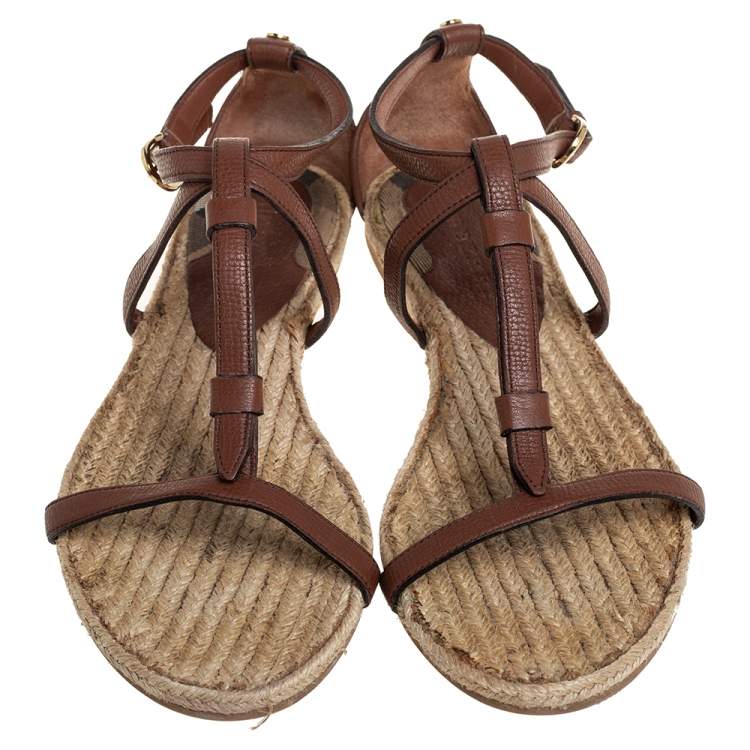 Pre Owned  Burberry Brown Leather Espadrille Flats Size 40.5