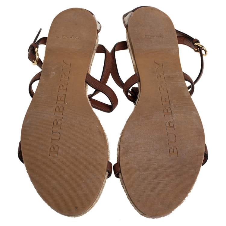 Pre Owned  Burberry Brown Leather Espadrille Flats Size 40.5