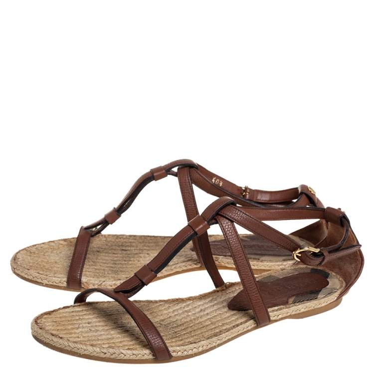 Pre Owned  Burberry Brown Leather Espadrille Flats Size 40.5