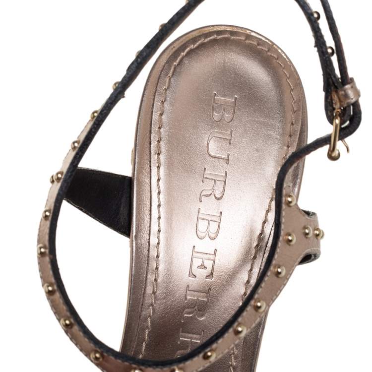 Pre Owned Burberry Metallic Bronze Leather And Nova Check Canvas Espadrille Wedge Ankle Strap Sandals Size 40