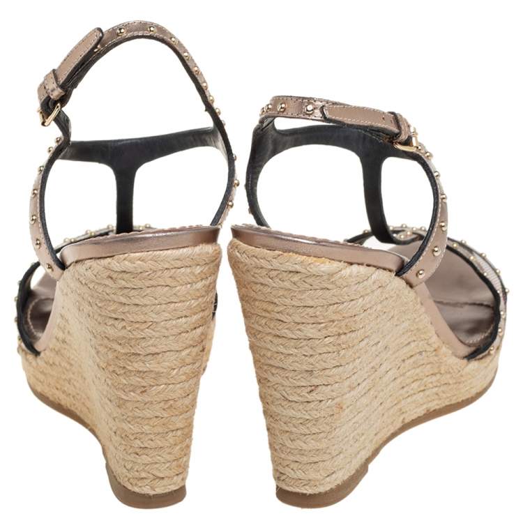 Pre Owned Burberry Metallic Bronze Leather And Nova Check Canvas Espadrille Wedge Ankle Strap Sandals Size 40