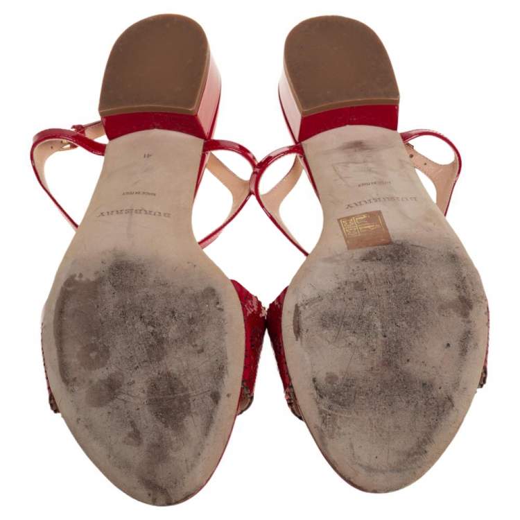 Pre Owned Burberry Red Laser Cut Patent Leather Adenvale Ankle Strap Sandals Size 41