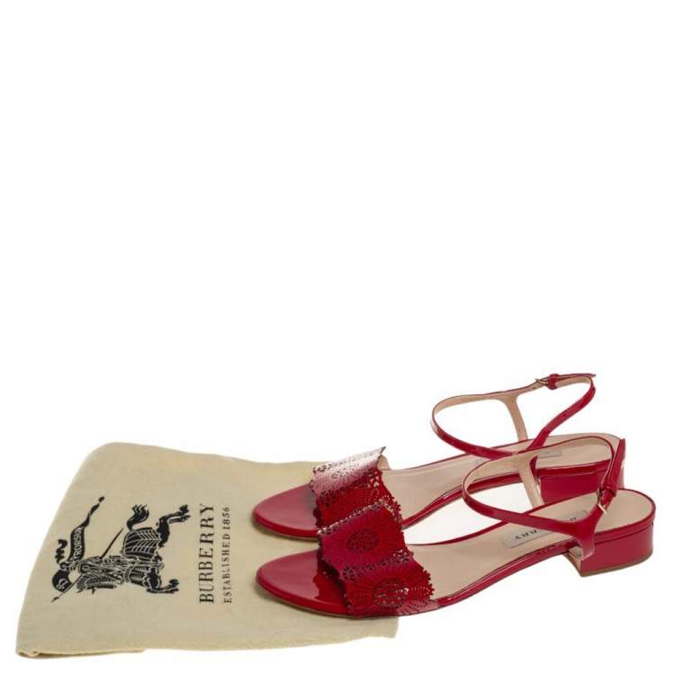 Pre Owned Burberry Red Laser Cut Patent Leather Adenvale Ankle Strap Sandals Size 41