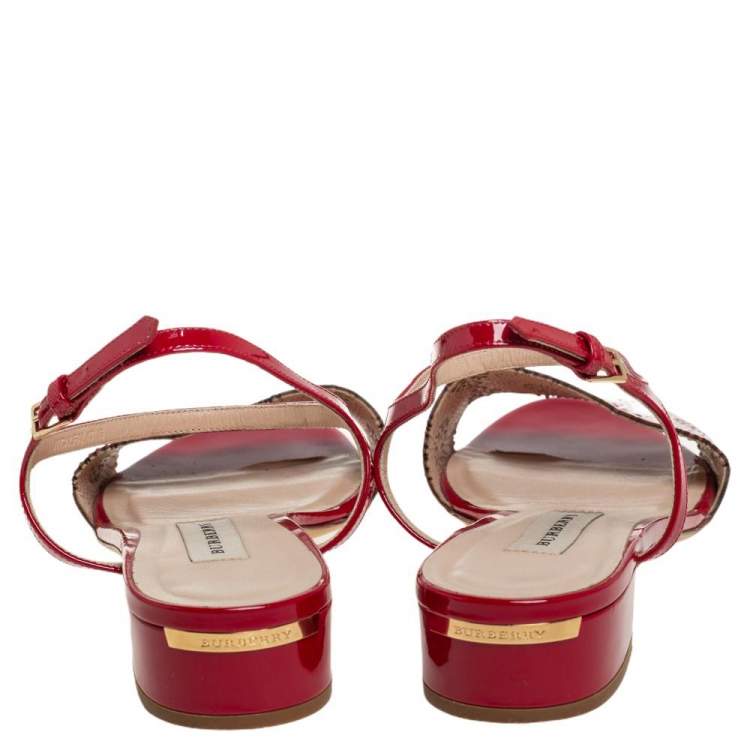 Pre Owned Burberry Red Laser Cut Patent Leather Adenvale Ankle Strap Sandals Size 41