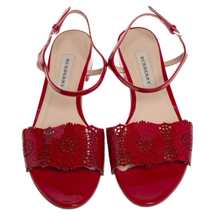 Pre Owned Burberry Red Laser Cut Patent Leather Adenvale Ankle Strap Sandals Size 41