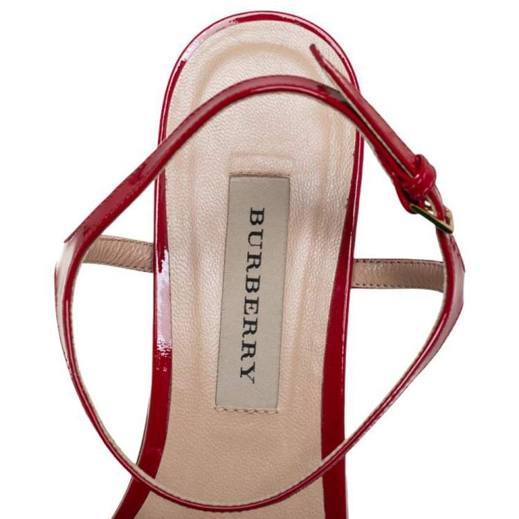Pre Owned Burberry Red Laser Cut Patent Leather Adenvale Ankle Strap Sandals Size 41