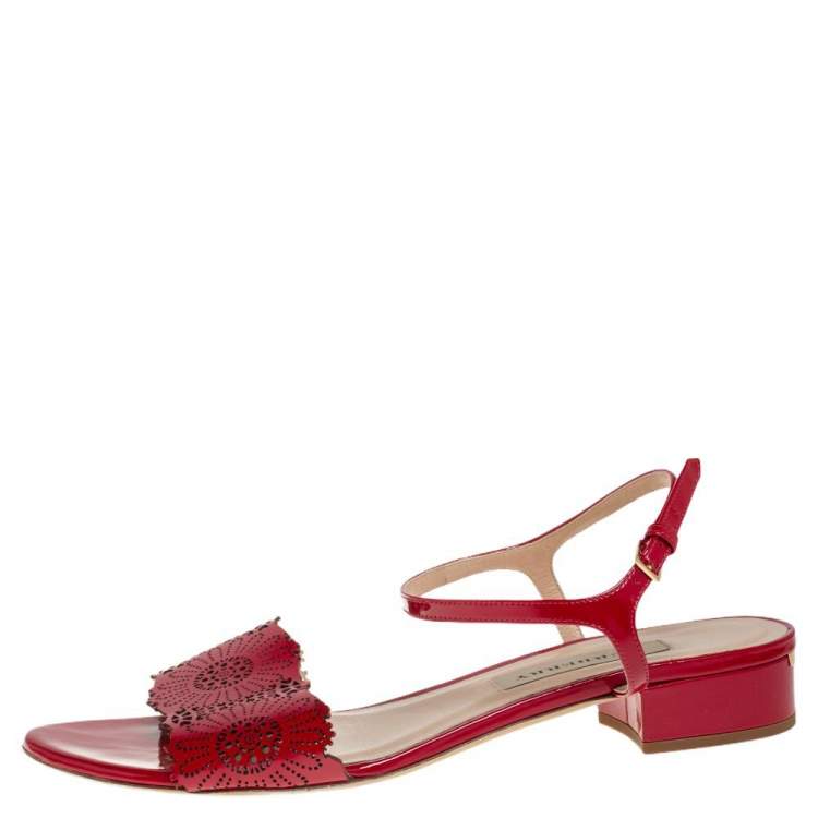 Pre Owned Burberry Red Laser Cut Patent Leather Adenvale Ankle Strap Sandals Size 41