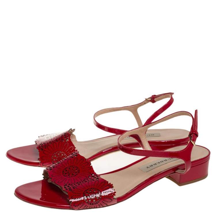 Pre Owned Burberry Red Laser Cut Patent Leather Adenvale Ankle Strap Sandals Size 41