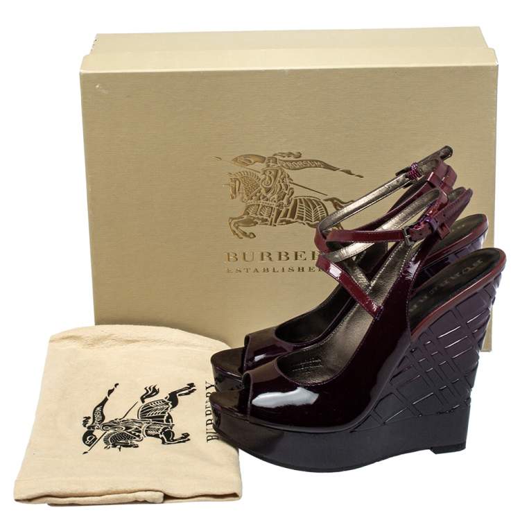 Pre Owned Burberry Purple Patent Leather Platform Wedge Sandals Size 36