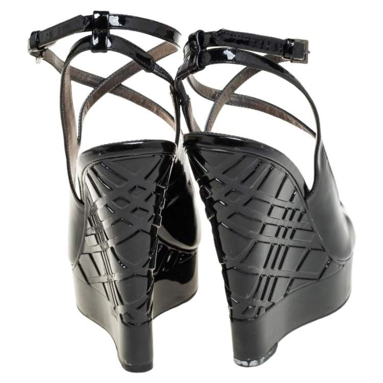 Pre Owned Burberry Black Patent Leather Strappy Wedge Sandals Size 36
