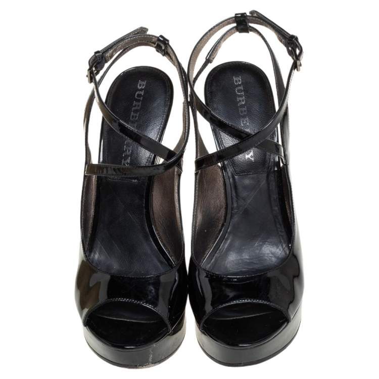 Pre Owned Burberry Black Patent Leather Strappy Wedge Sandals Size 36