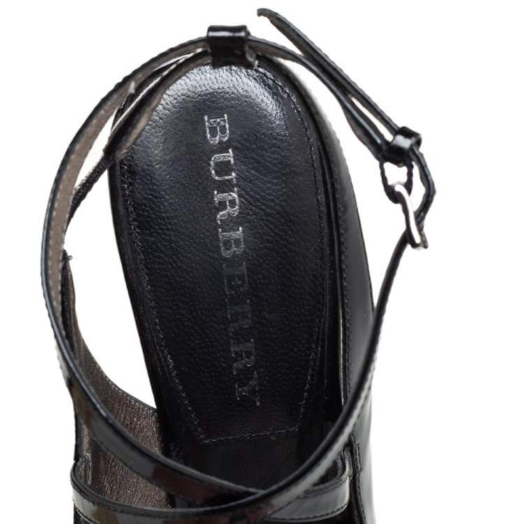 Pre Owned Burberry Black Patent Leather Strappy Wedge Sandals Size 36