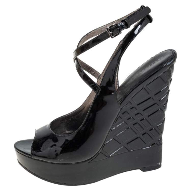 Pre Owned Burberry Black Patent Leather Strappy Wedge Sandals Size 36