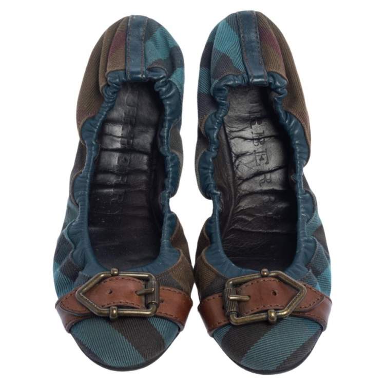 Pre Owned Burberry Blue/Brown Mega Check Canvas and Leather Buckle Scrunch Ballet Flats Size 38