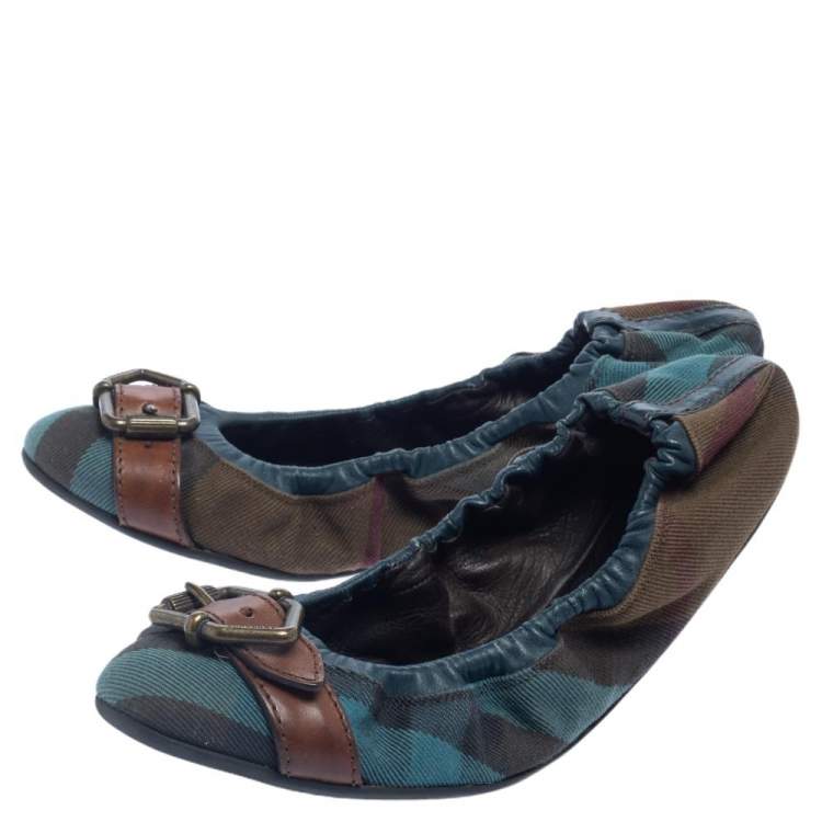 Pre Owned Burberry Blue/Brown Mega Check Canvas and Leather Buckle Scrunch Ballet Flats Size 38