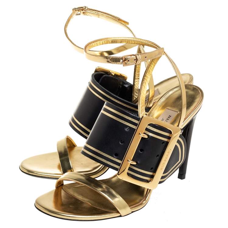 Pre Owned Burberry Black/Gold Leather Buckle Padstow Festive Ankle Strap Sandals Size 37