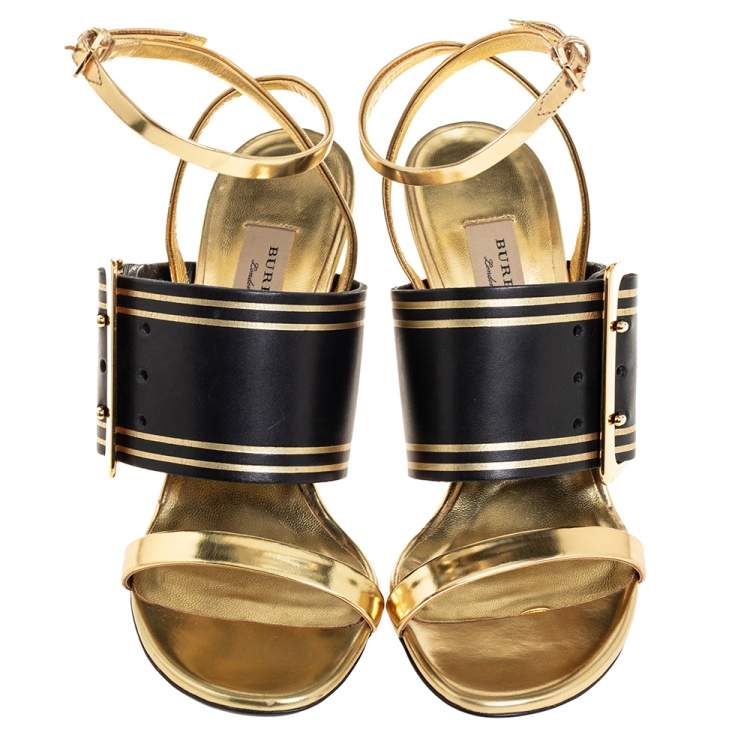 Pre Owned Burberry Black/Gold Leather Buckle Padstow Festive Ankle Strap Sandals Size 37