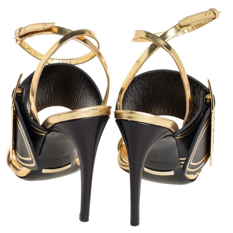 Pre Owned Burberry Black/Gold Leather Buckle Padstow Festive Ankle Strap Sandals Size 37