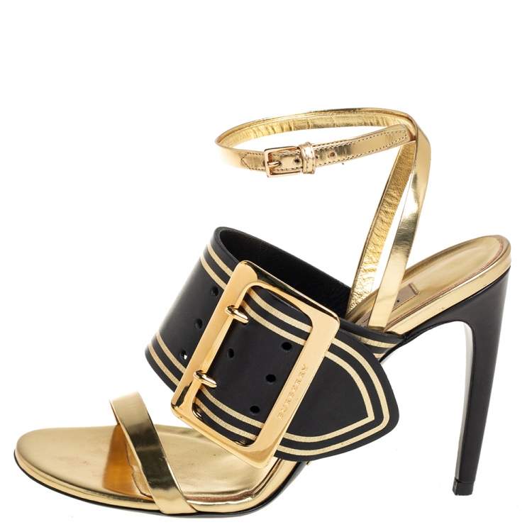 Pre Owned Burberry Black/Gold Leather Buckle Padstow Festive Ankle Strap Sandals Size 37