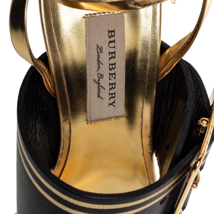 Pre Owned Burberry Black/Gold Leather Buckle Padstow Festive Ankle Strap Sandals Size 37