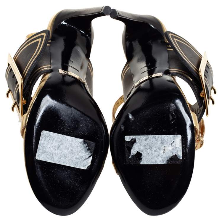 Pre Owned Burberry Black/Gold Leather Buckle Padstow Festive Ankle Strap Sandals Size 37