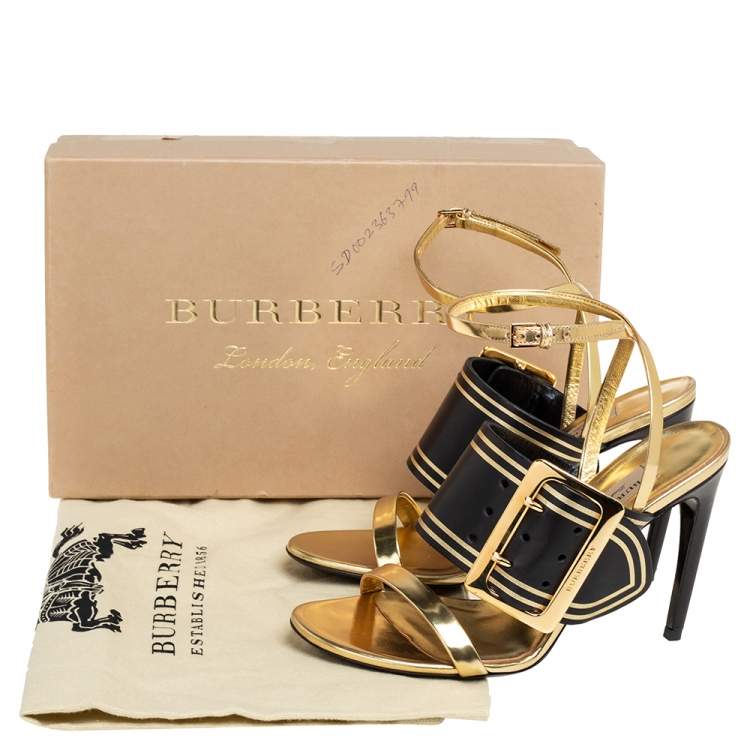 Pre Owned Burberry Black/Gold Leather Buckle Padstow Festive Ankle Strap Sandals Size 37