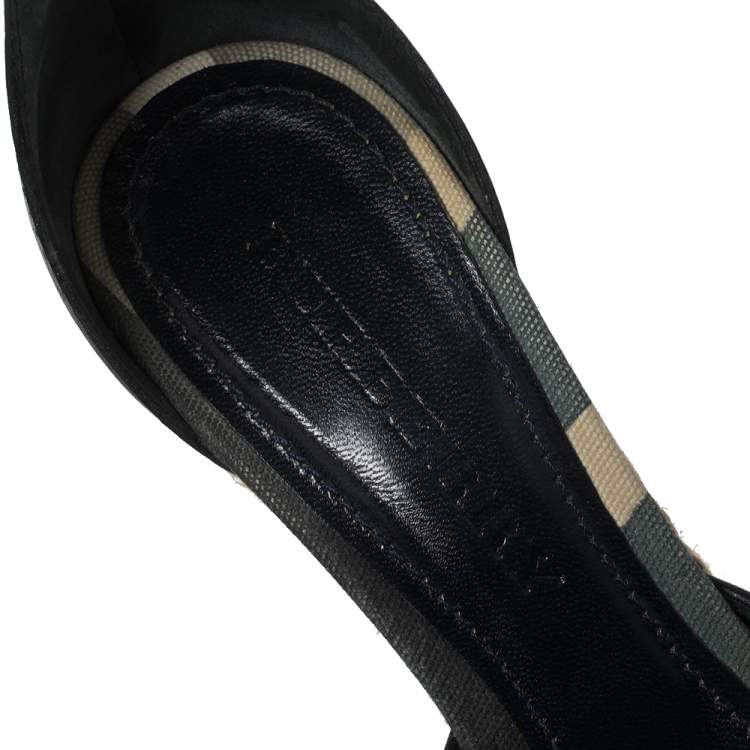 Pre Owned Burberry Black Leather and Novacheck Canvas Buckle Detail Peep Toe Espadrille Wedge Sandals Size 36