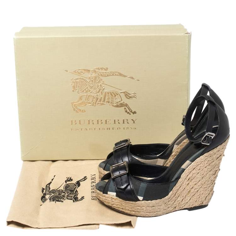Pre Owned Burberry Black Leather and Novacheck Canvas Buckle Detail Peep Toe Espadrille Wedge Sandals Size 36