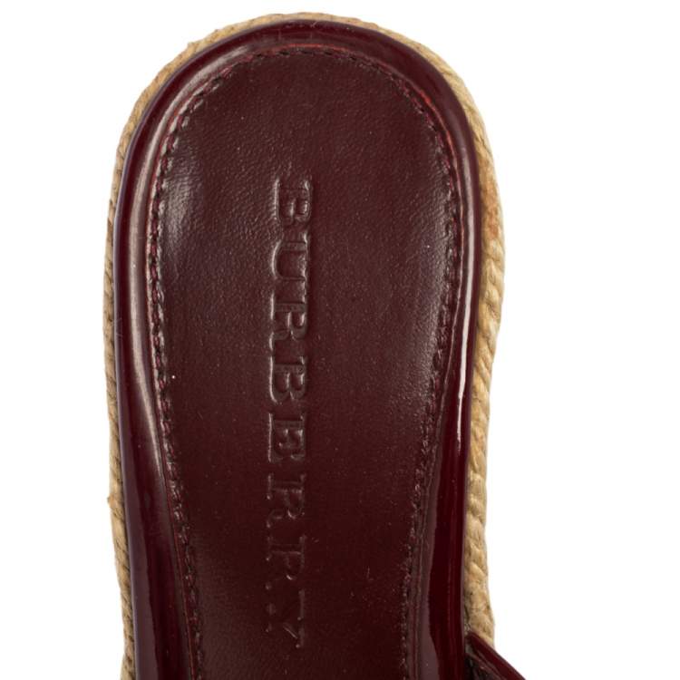 Pre Owned Burberry Burgundy Patent Leather And Nova Check Canvas Espadrille Wedge Sandals Size 37