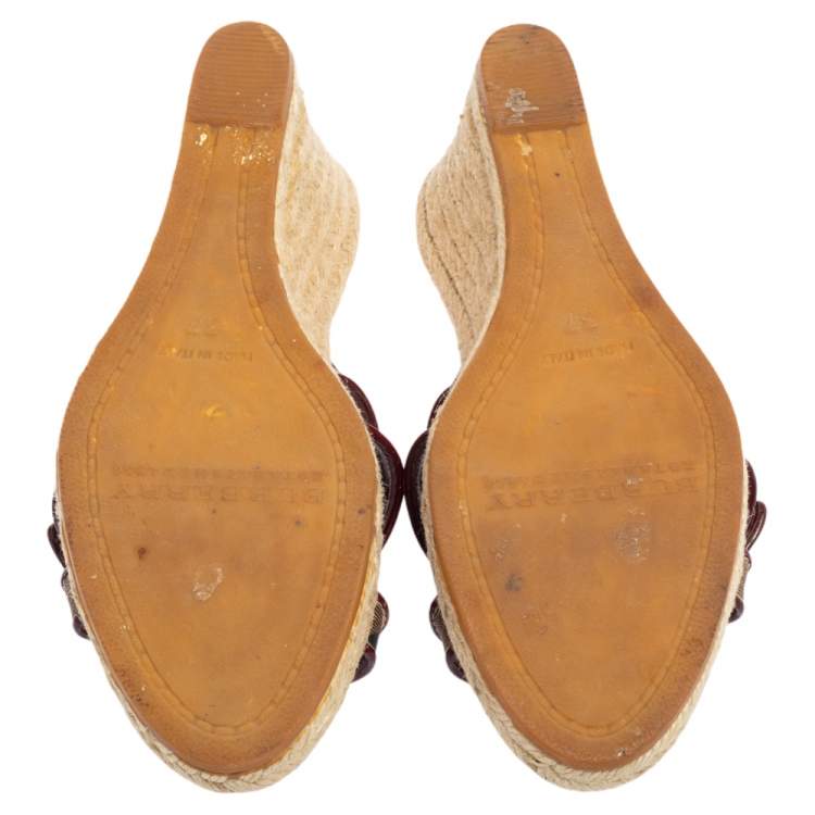 Pre Owned Burberry Burgundy Patent Leather And Nova Check Canvas Espadrille Wedge Sandals Size 37