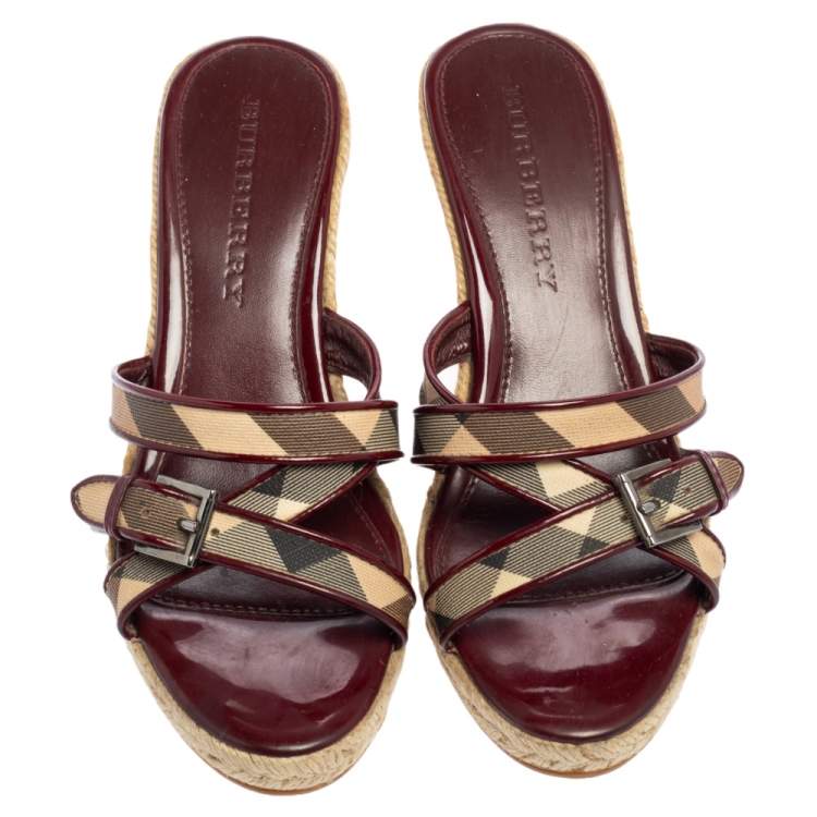 Pre Owned Burberry Burgundy Patent Leather And Nova Check Canvas Espadrille Wedge Sandals Size 37