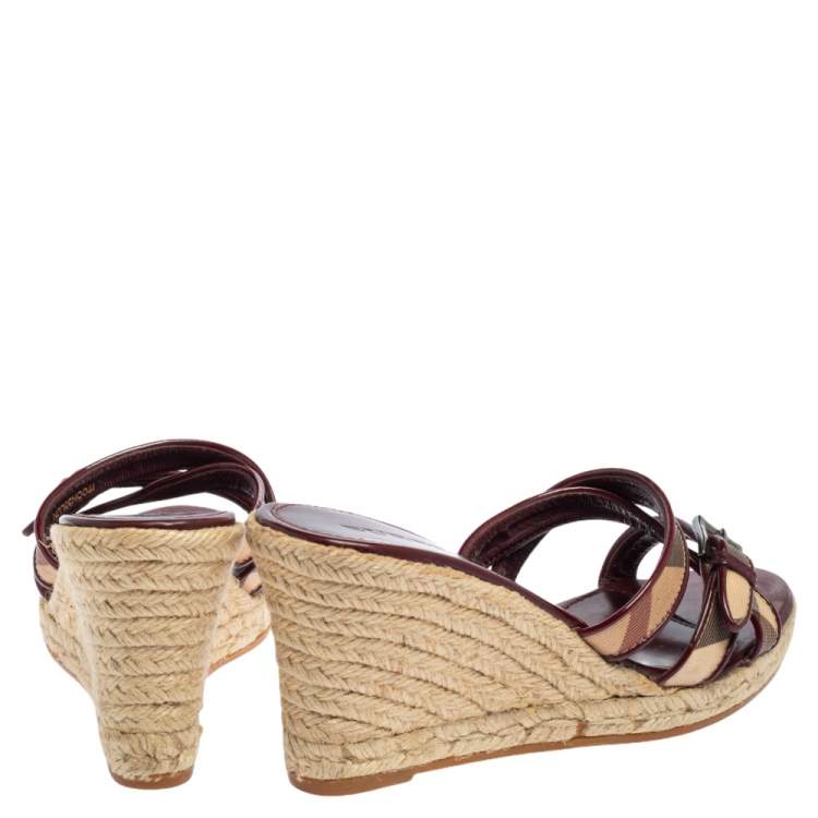 Pre Owned Burberry Burgundy Patent Leather And Nova Check Canvas Espadrille Wedge Sandals Size 37