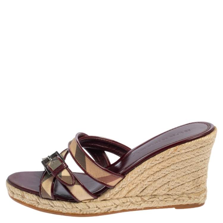 Pre Owned Burberry Burgundy Patent Leather And Nova Check Canvas Espadrille Wedge Sandals Size 37