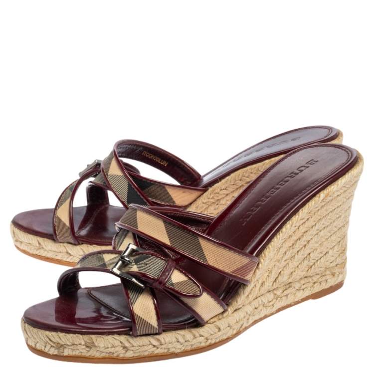 Pre Owned Burberry Burgundy Patent Leather And Nova Check Canvas Espadrille Wedge Sandals Size 37