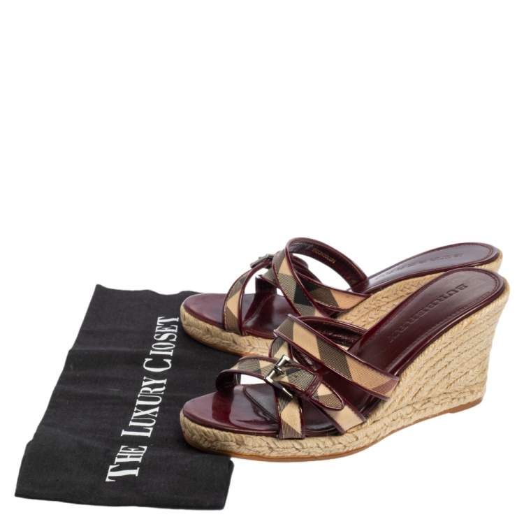 Pre Owned Burberry Burgundy Patent Leather And Nova Check Canvas Espadrille Wedge Sandals Size 37