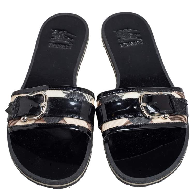 Pre Owned Burberry Black/Cream Check Canvas And Patent Leather Buckle Embellished Flat Sandals Size 37