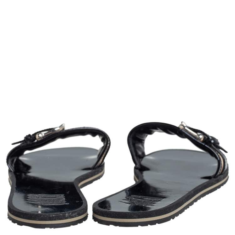 Pre Owned Burberry Black/Cream Check Canvas And Patent Leather Buckle Embellished Flat Sandals Size 37