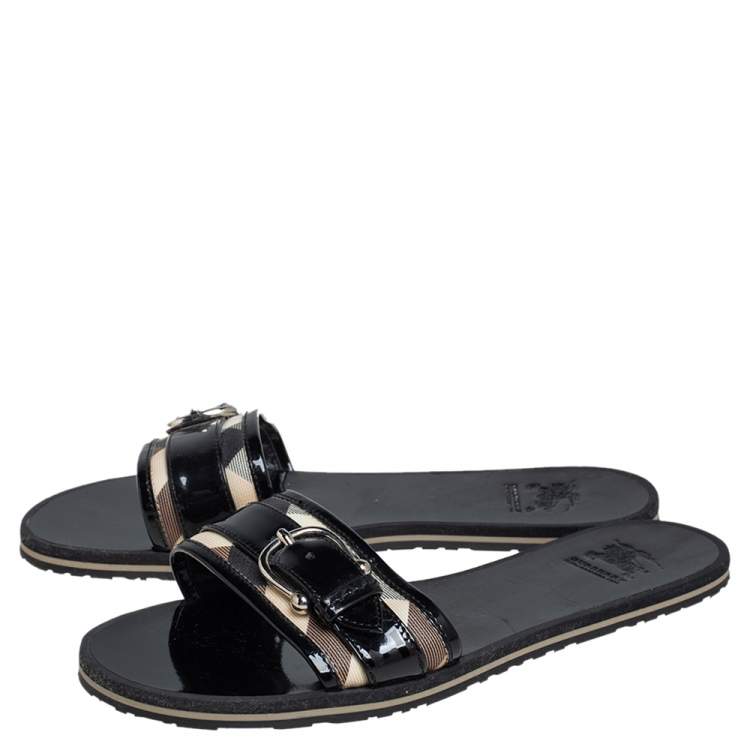 Pre Owned Burberry Black/Cream Check Canvas And Patent Leather Buckle Embellished Flat Sandals Size 37