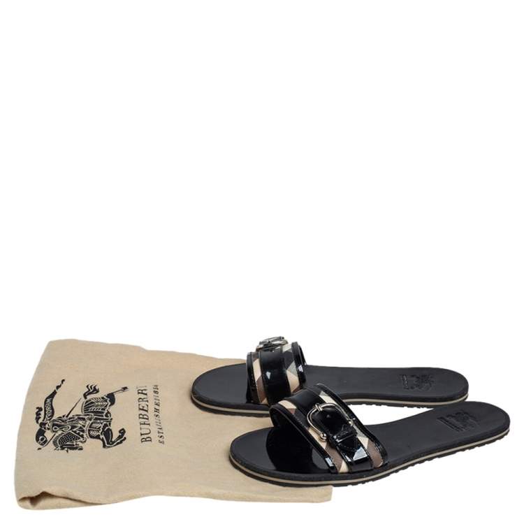 Pre Owned Burberry Black/Cream Check Canvas And Patent Leather Buckle Embellished Flat Sandals Size 37