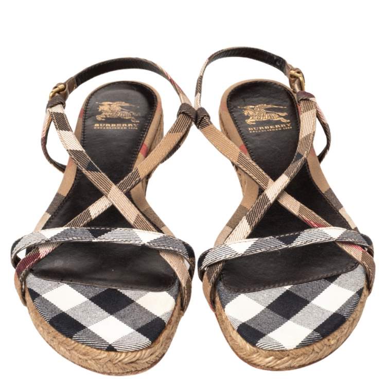 Pre Owned Burberry Multicolor Check Canvas Espadrille Flat Slingback Sandals Size 38