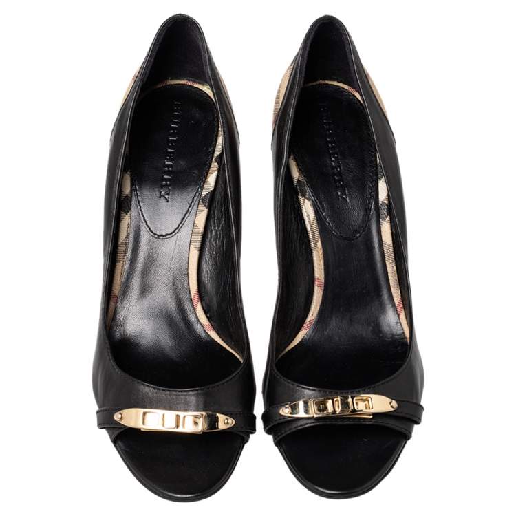 Pre Owned Burberry Black Leather And Check Coated Canvas Embellished Open Toe Pumps Size 41